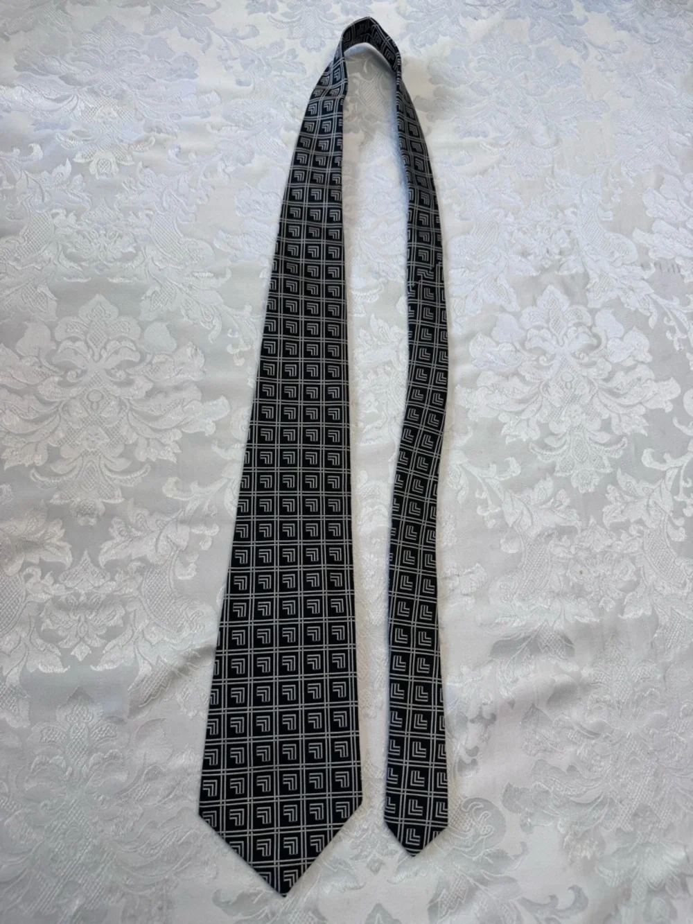 Polo By Ralph Lauren Vintage Silk Tie‎ Black White Geometric Grid Old Money Work